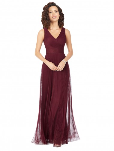 V-Neck Long Tulle Burgundy Gold Sleeveless Bridesmaid Dress Victoria