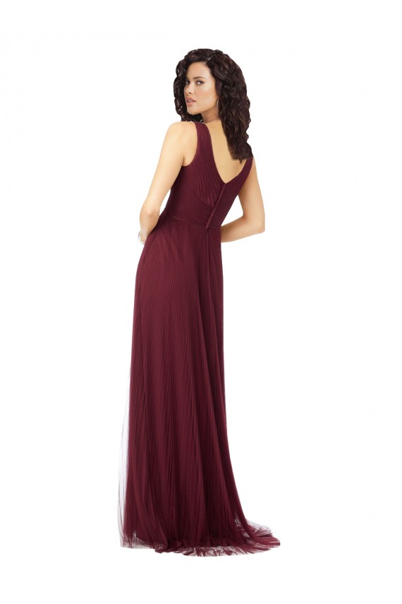 V-Neck Long Tulle Burgundy Gold Sleeveless Bridesmaid Dress Victoria