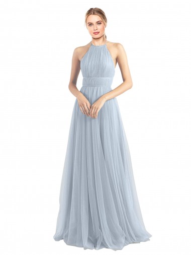 Halter Neck Long Tulle Light Sky Blue Sleeveless Bridesmaid Dress Victoria