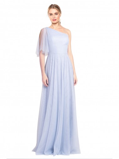 One Shoulder Long Tulle Light Sky Blue Flutter Sleeves Bridesmaid Dress Victoria