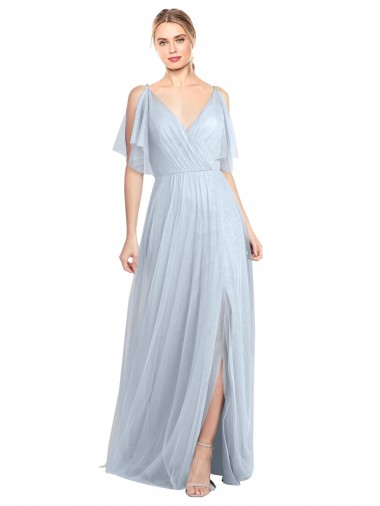 V-Neck Long Tulle Light Sky Blue Flutter Sleeves Bridesmaid Dress / Evening Dress Victoria