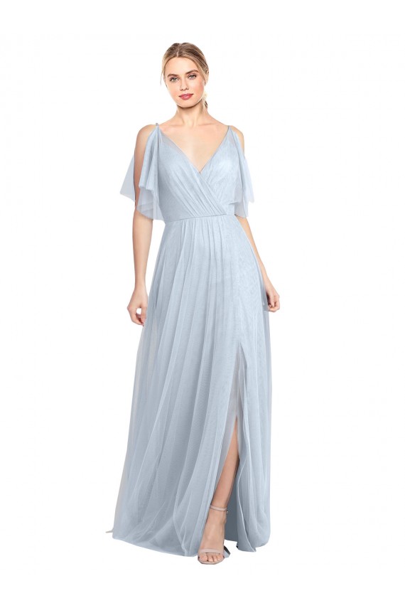 V-Neck Long Tulle Light Sky Blue Flutter Sleeves Bridesmaid Dress / Evening Dress Victoria