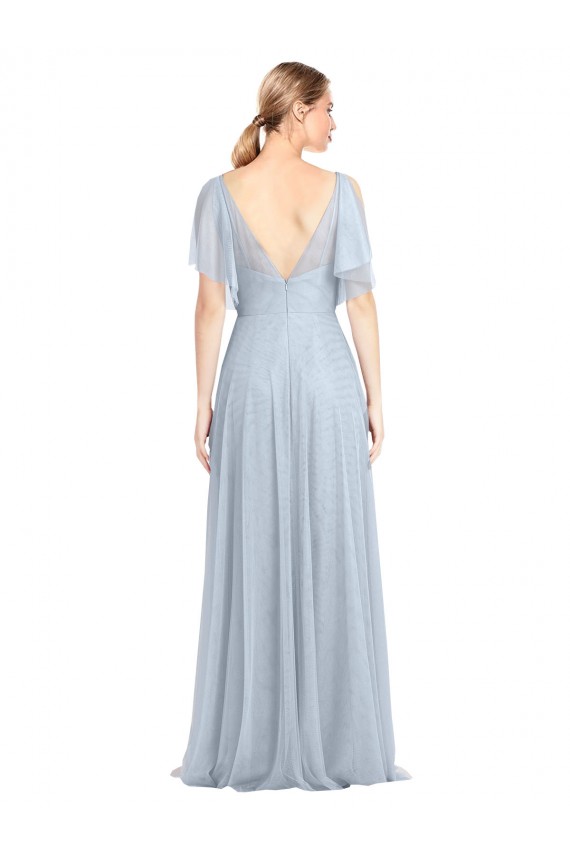 V-Neck Long Tulle Light Sky Blue Flutter Sleeves Bridesmaid Dress / Evening Dress Victoria
