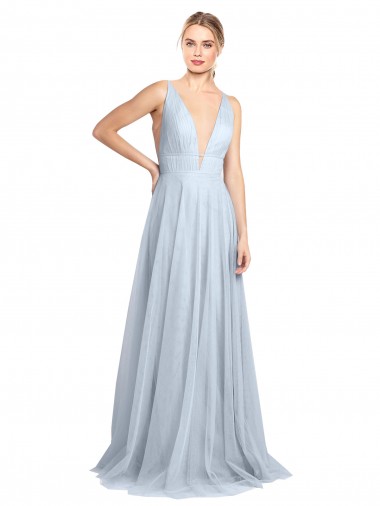V-Neck Long Floor Length Tulle Light Sky Blue Sleeveless Bridesmaid Dress Victoria
