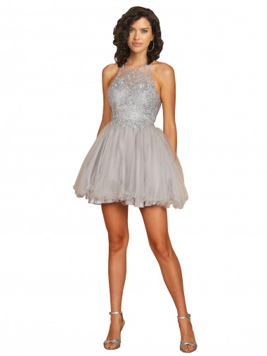 Halter Neck Short Tulle Silver Sleeveless Bridesmaid Dress Victoria