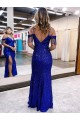 V-Neck Long Velvet Sequin Royal Blue Sleeveless Prom Dress / Evening Dress Victoria