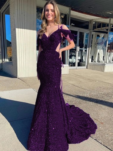 V-Neck Court Train Velvet Sequin Plum Purple Sleeveless Prom Dress / Evening Dress Victoria