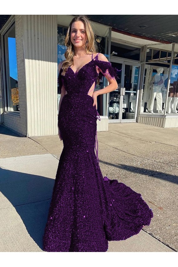 V-Neck Court Train Velvet Sequin Plum Purple Sleeveless Prom Dress / Evening Dress Victoria
