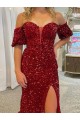 Off the Shoulder Court Train Velvet Sequin Red Short Sleeves Prom Dress / Evening Dress Victoria