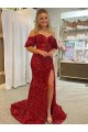Off the Shoulder Court Train Velvet Sequin Red Short Sleeves Prom Dress / Evening Dress Victoria