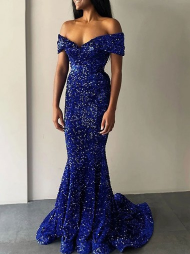 Off the Shoulder Sweep Train Velvet Sequin Royal Blue Sleeveless Prom Dresses Victoria