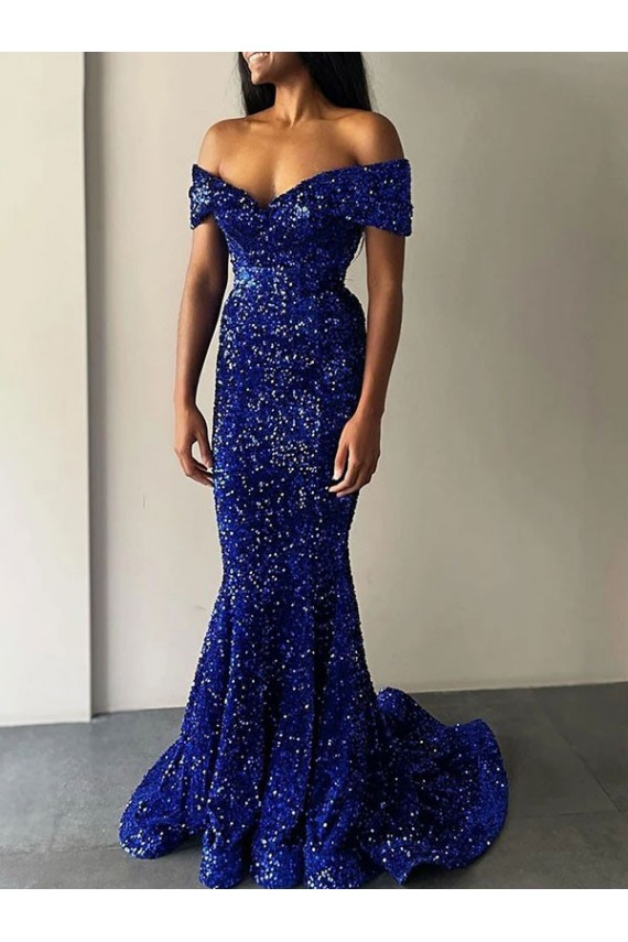 Off the Shoulder Sweep Train Velvet Sequin Royal Blue Sleeveless Prom Dresses Victoria
