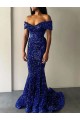 Off the Shoulder Sweep Train Velvet Sequin Royal Blue Sleeveless Prom Dresses Victoria