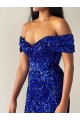 Off the Shoulder Sweep Train Velvet Sequin Royal Blue Sleeveless Prom Dresses Victoria