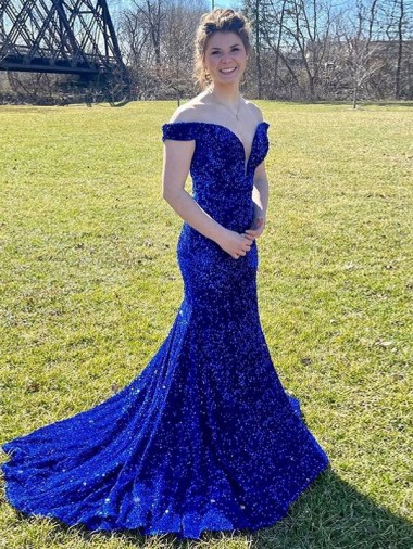 Off the Shoulder Sweep Train Velvet Sequin Royal Blue Sleeveless Prom Dress Victoria