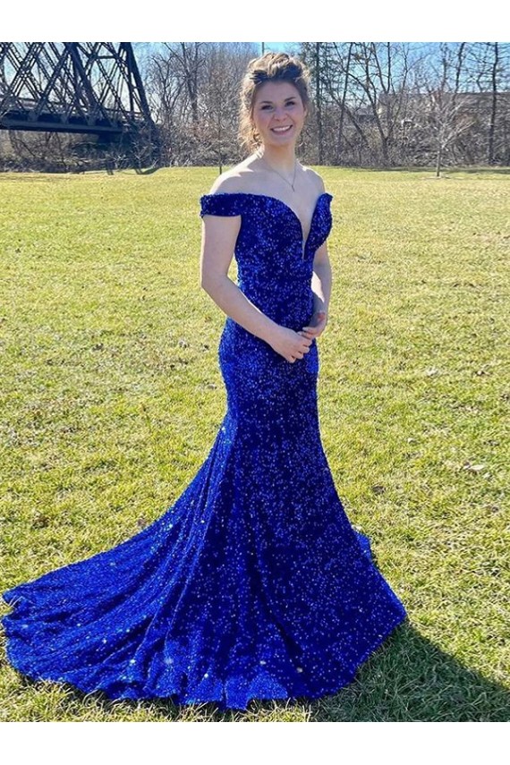 Off the Shoulder Sweep Train Velvet Sequin Royal Blue Sleeveless Prom Dress Victoria