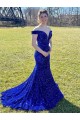 Off the Shoulder Sweep Train Velvet Sequin Royal Blue Sleeveless Prom Dress Victoria