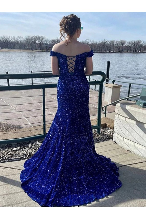 Off the Shoulder Sweep Train Velvet Sequin Royal Blue Sleeveless Prom Dress Victoria