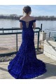 Off the Shoulder Sweep Train Velvet Sequin Royal Blue Sleeveless Prom Dress Victoria