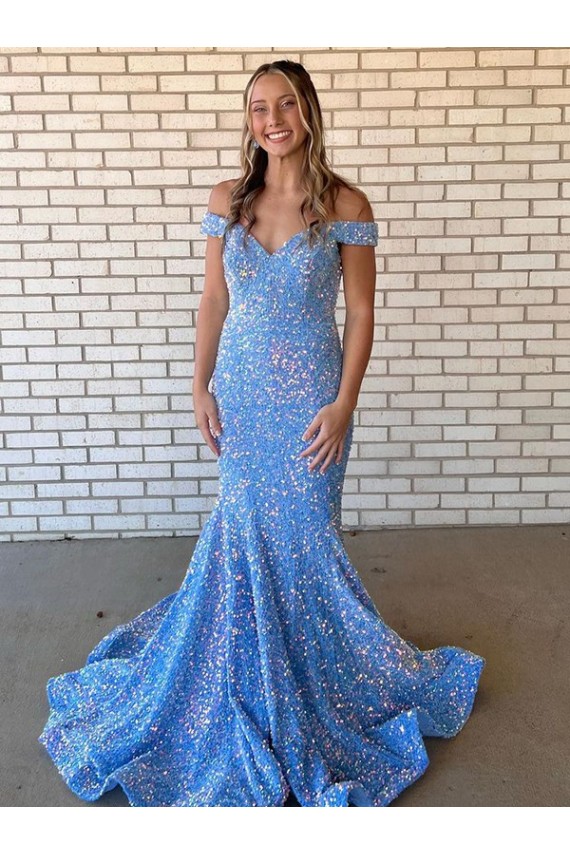 Off the Shoulder Long Velvet Sequin Periwinkle Sleeveless Prom Dress / Evening Dress Victoria