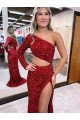 One Shoulder Sweep Train Velvet Sequin Burgundy Long Sleeves Evening Dress Victoria