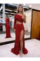 One Shoulder Sweep Train Velvet Sequin Burgundy Long Sleeves Evening Dress Victoria