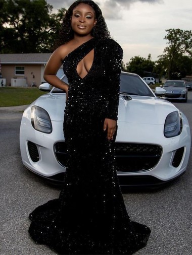 One Shoulder Sweep Train Velvet Sequin Black Long Sleeves Prom Dress Victoria
