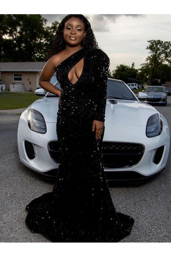 One Shoulder Sweep Train Velvet Sequin Black Long Sleeves Prom Dress Victoria