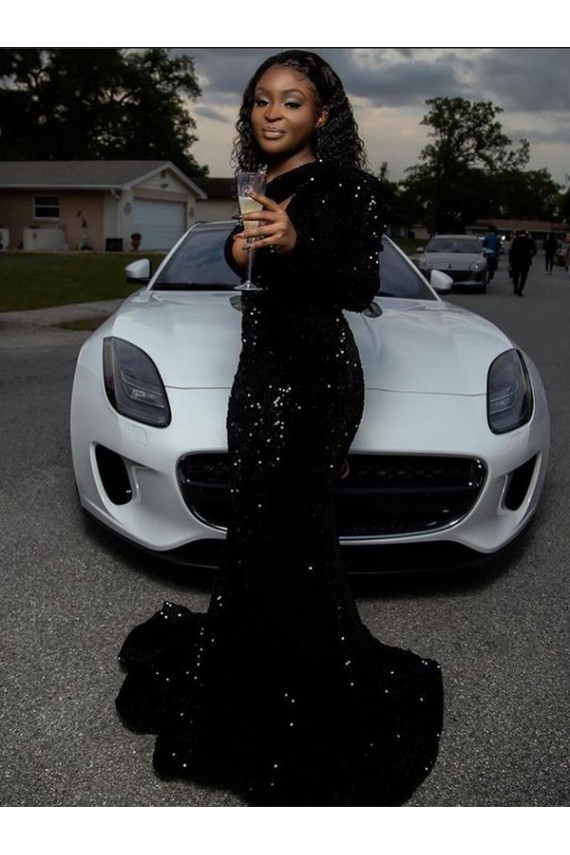 One Shoulder Sweep Train Velvet Sequin Black Long Sleeves Prom Dress Victoria