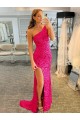 One Shoulder Sweep Train Velvet Sequin Fuchsia Sleeveless Evening Dress Victoria
