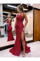 One Shoulder Sweep Train Velvet Sequin Burgundy Sleeveless Evening Dress Victoria