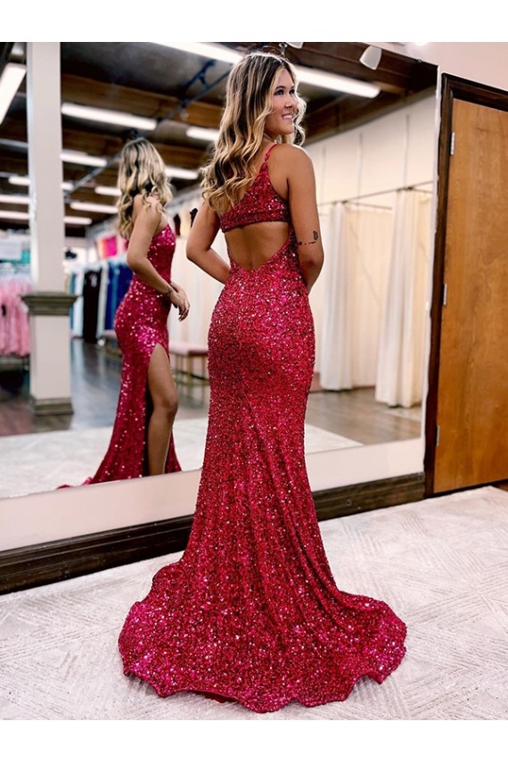 One Shoulder Sweep Train Velvet Sequin Burgundy Sleeveless Evening Dress Victoria