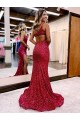 One Shoulder Sweep Train Velvet Sequin Burgundy Sleeveless Evening Dress Victoria