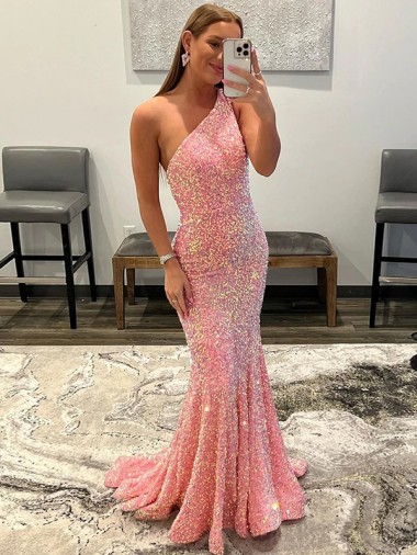 One Shoulder Sweep Train Velvet Sequin Pink Sleeveless Prom Dress Victoria