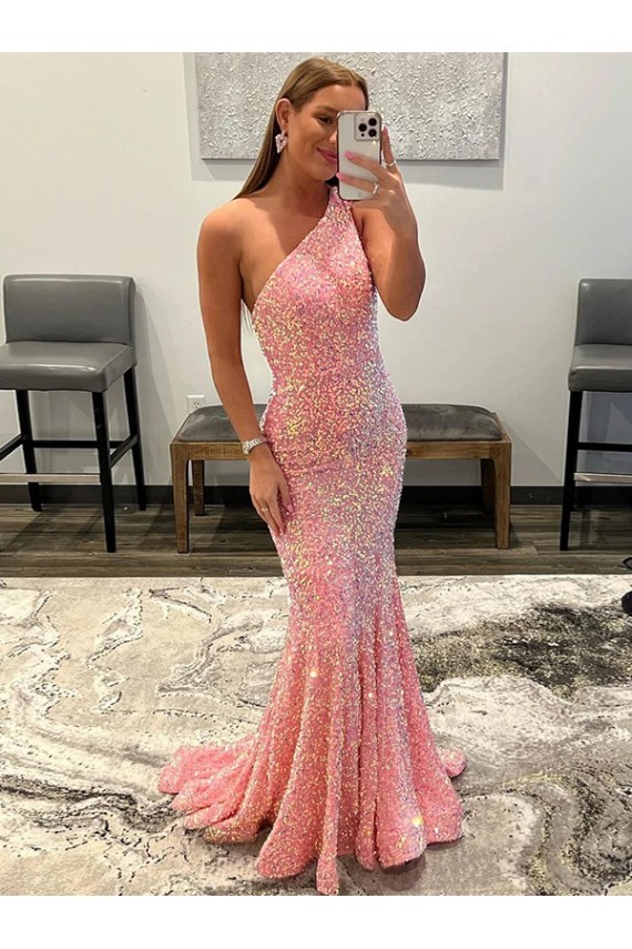 One Shoulder Sweep Train Velvet Sequin Pink Sleeveless Prom Dress Victoria