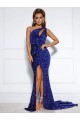One Shoulder Court Train Velvet Sequin Royal Blue Sleeveless Prom Dress / Evening Dress Victoria