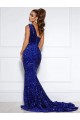 One Shoulder Court Train Velvet Sequin Royal Blue Sleeveless Prom Dress / Evening Dress Victoria