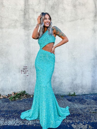 One Shoulder Sweep Train Velvet Sequin Sleeveless Prom Dresses Victoria