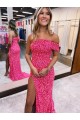 One Shoulder Sweep Train Velvet Sequin Fuchsia Sleeveless Evening Gown Victoria