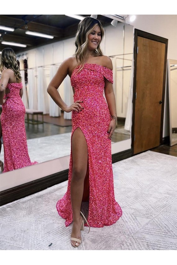 One Shoulder Sweep Train Velvet Sequin Fuchsia Sleeveless Evening Gown Victoria