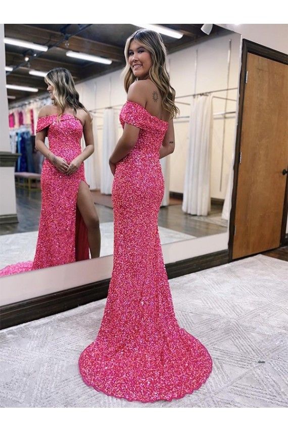 One Shoulder Sweep Train Velvet Sequin Fuchsia Sleeveless Evening Gown Victoria