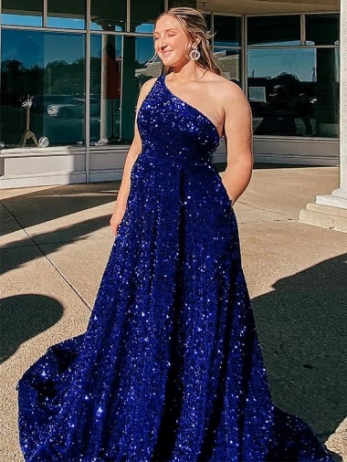 One Shoulder Sweep Train Velvet Sequin Royal Blue Sleeveless Prom Dress / Evening Gown Victoria