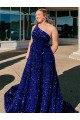 One Shoulder Sweep Train Velvet Sequin Royal Blue Sleeveless Prom Dress / Evening Gown Victoria
