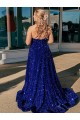One Shoulder Sweep Train Velvet Sequin Royal Blue Sleeveless Prom Dress / Evening Gown Victoria