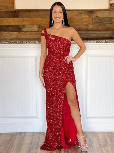 One Shoulder Sweep Train Velvet Sequin Burgundy Sleeveless Prom Dress Victoria