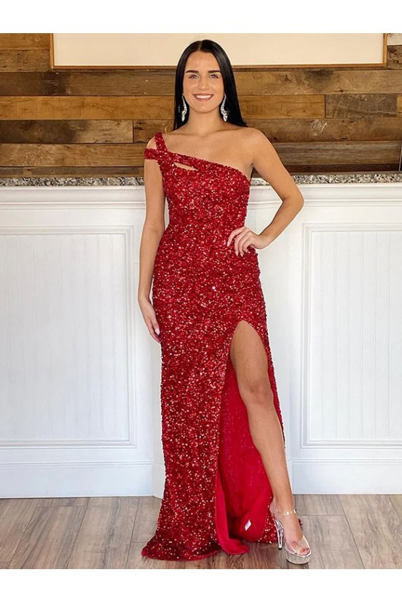 One Shoulder Sweep Train Velvet Sequin Burgundy Sleeveless Prom Dress Victoria