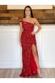 One Shoulder Sweep Train Velvet Sequin Burgundy Sleeveless Prom Dress Victoria