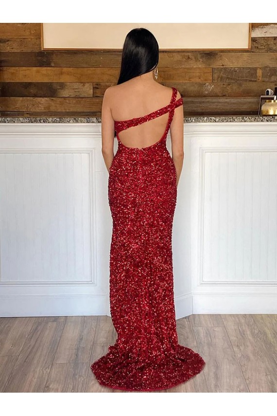 One Shoulder Sweep Train Velvet Sequin Burgundy Sleeveless Prom Dress Victoria