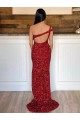 One Shoulder Sweep Train Velvet Sequin Burgundy Sleeveless Prom Dress Victoria