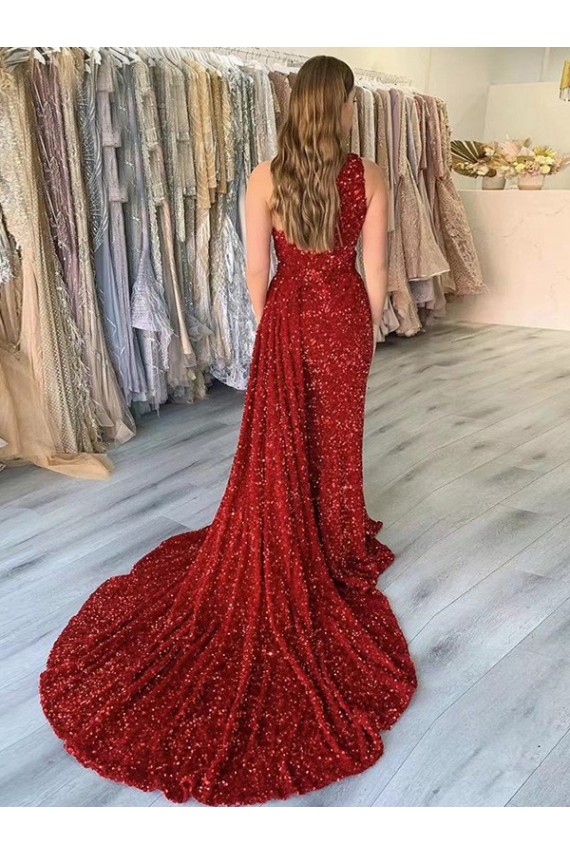 One Shoulder Court Train Velvet Sequin Burgundy Sleeveless Prom Dress Victoria